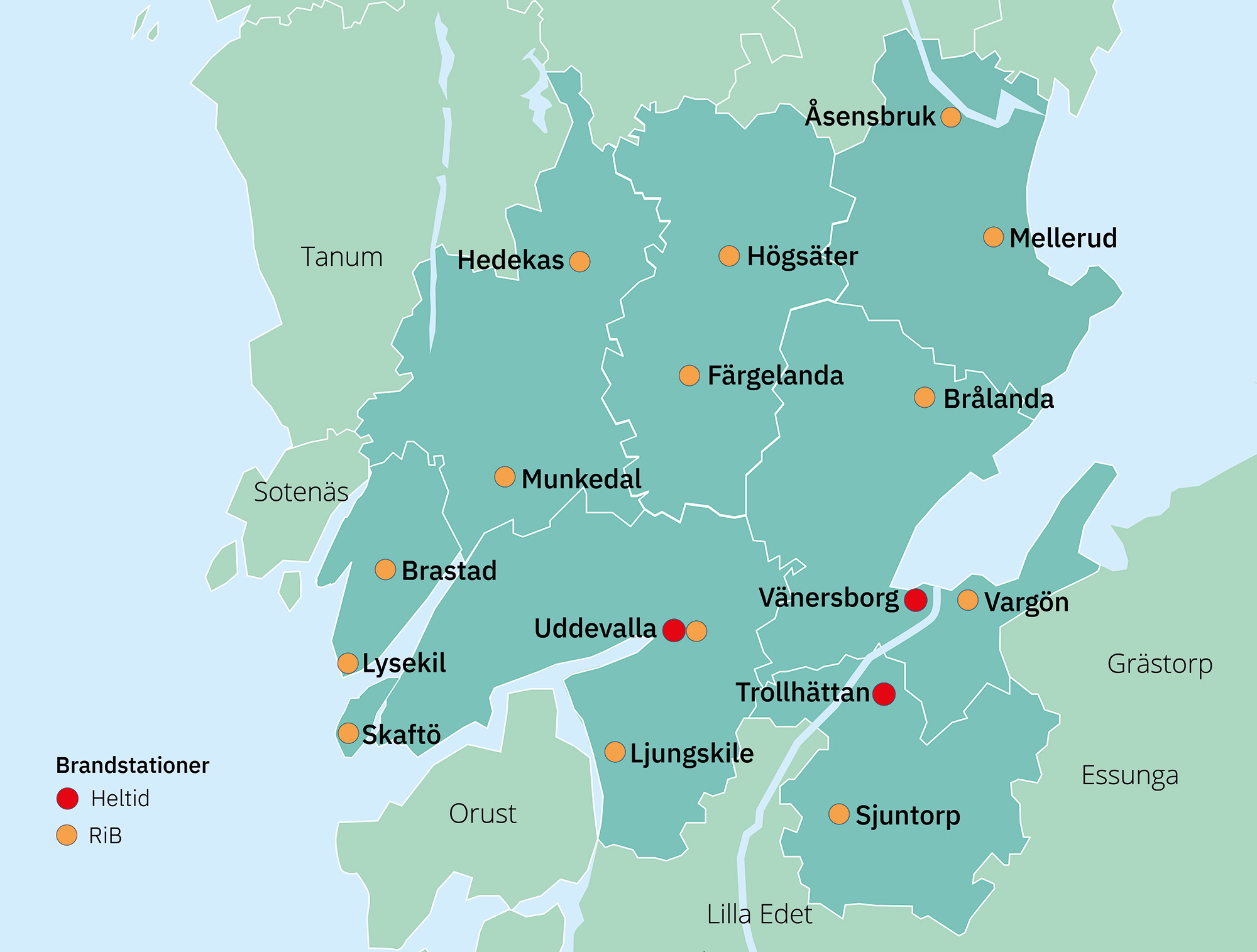 Kartbild över räddningstjänstens brandstationer i kommunerna 